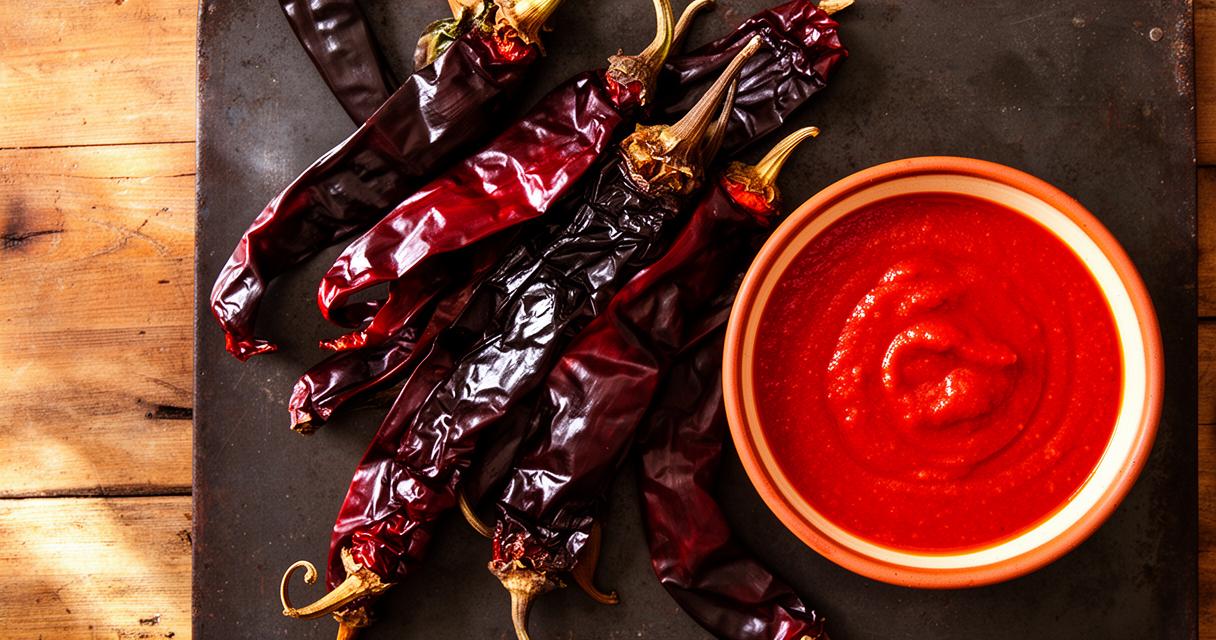 Dried guajillo chiles spread on a rustic wooden surface showing their smooth dark red skin