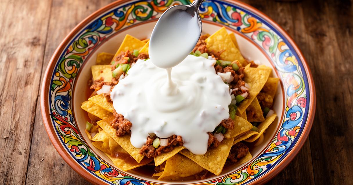 White Mexican crema being drizzled from a spoon over a dish, showing its pourable consistency