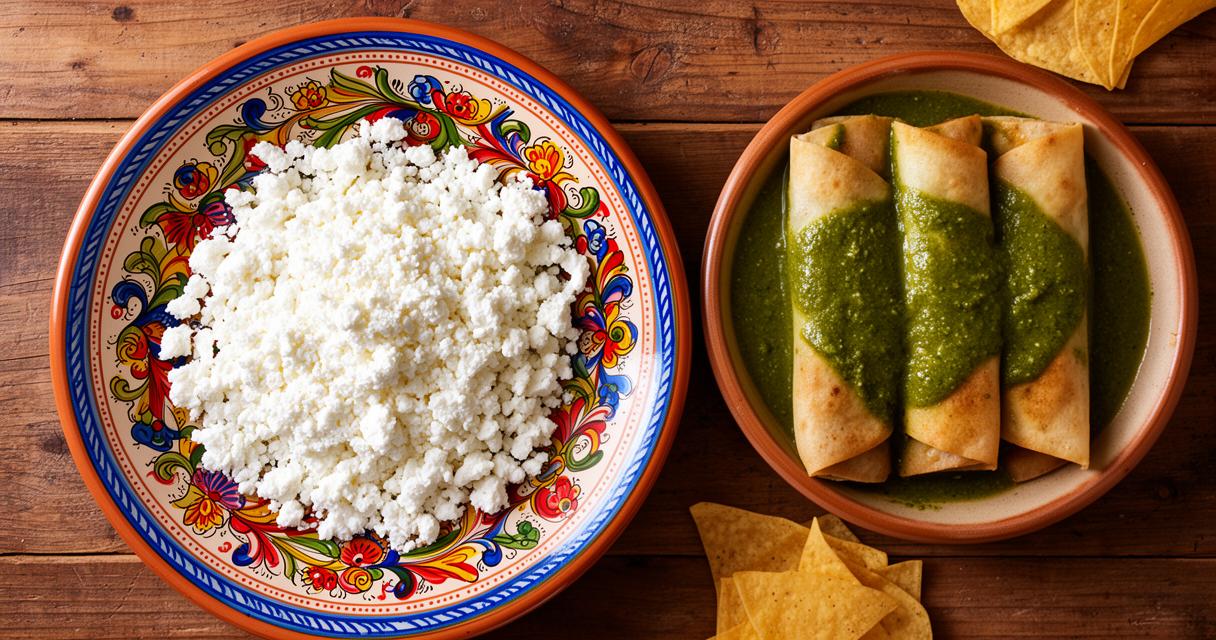Crumbled queso fresco scattered over green enchiladas on a colorful Mexican plate